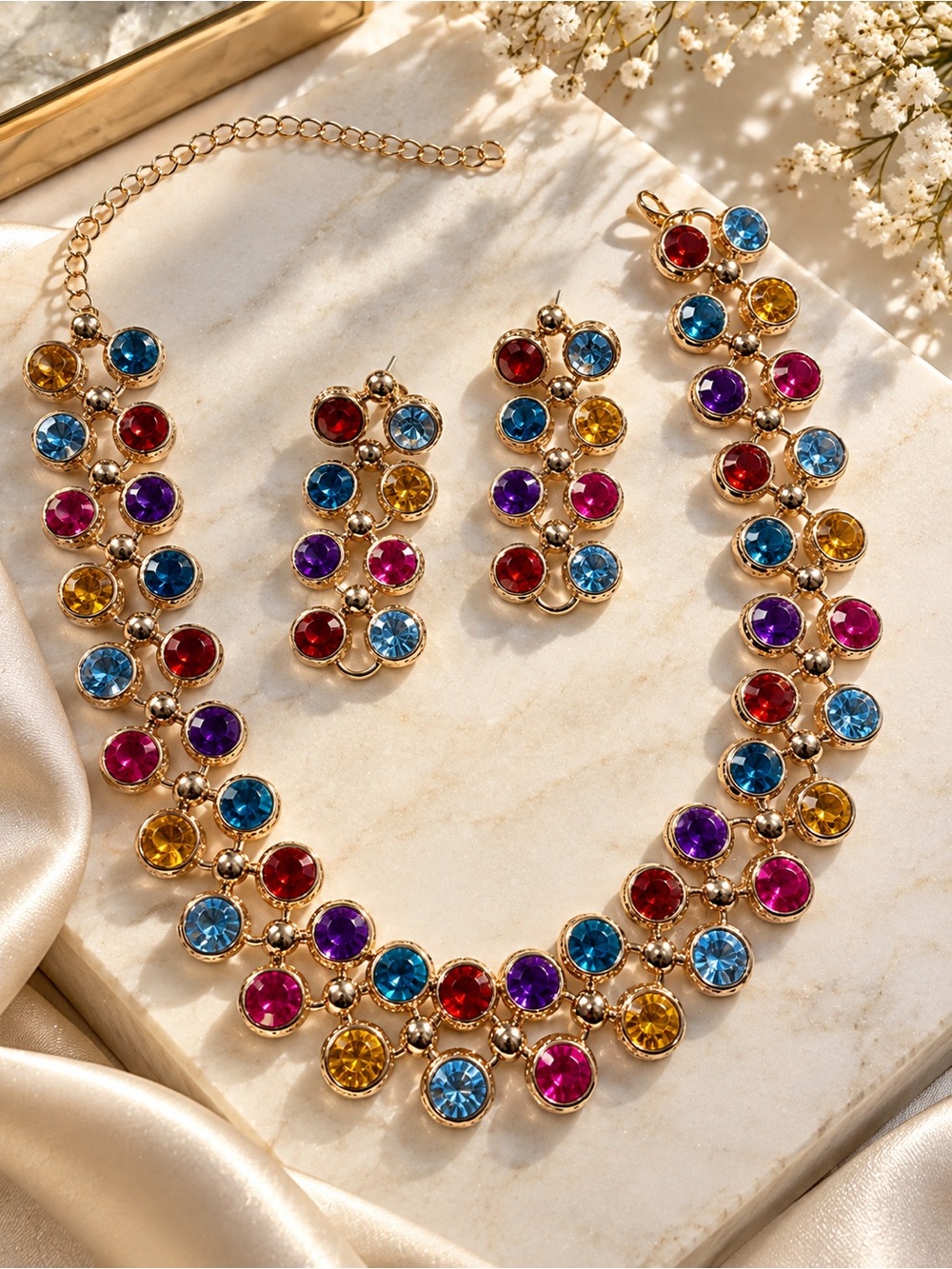 Multicolor Crystal Statement Chunky Necklace and Earring Set - Picture 4 of 5